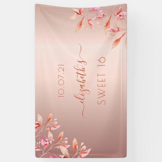 スウィート16誕生日バラ金ゴールドピンク花模様秋 横断幕 (縦)