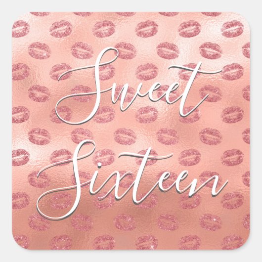 スウィート16誕生日バラ金ゴールド赤面ピンクリップキス スクエアシール (正面)