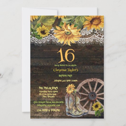 スウィート16誕生日バーンウッドサンフラワーズレースインヴィ 招待状 (正面)