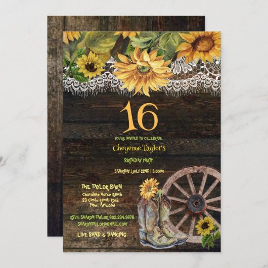 スウィート16誕生日バーンウッドサンフラワーズレースインヴィ 招待状 (正面/裏面)