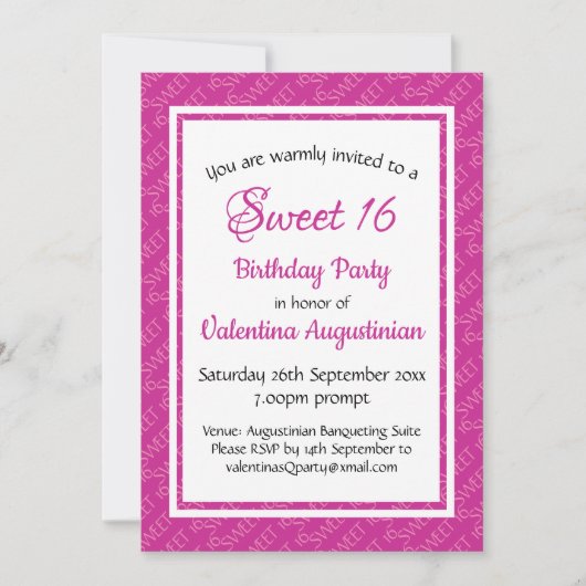 スウィート16誕生日パーソナライズされたピンク 招待状 (正面)