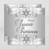 スウィート16誕生日パーティシルバーホワイトダイヤモンド 招待状 (正面/裏面)