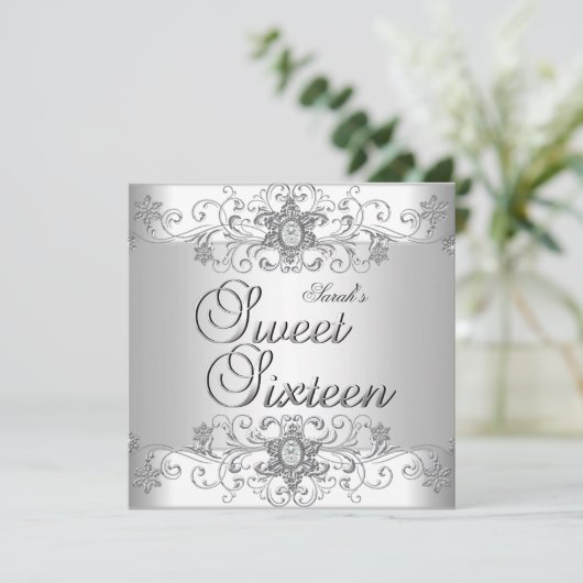 スウィート16誕生日パーティシルバーホワイトダイヤモンド 招待状 (スタンド正面)