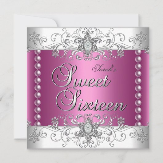 スウィート16誕生日パーティーピンクパールホワイトダイヤモンド 招待状 (正面)