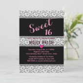 スウィート16誕生日パーティーレースブラックピンクハート 招待状 (スタンド正面)