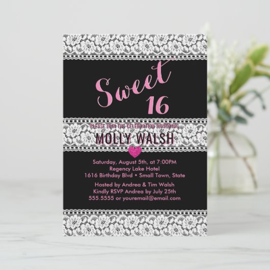 スウィート16誕生日パーティーレースブラックピンクハート 招待状 (スタンド正面)