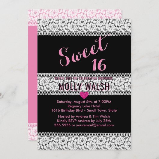 スウィート16誕生日パーティーレースブラックピンクハート 招待状 (正面/裏面)
