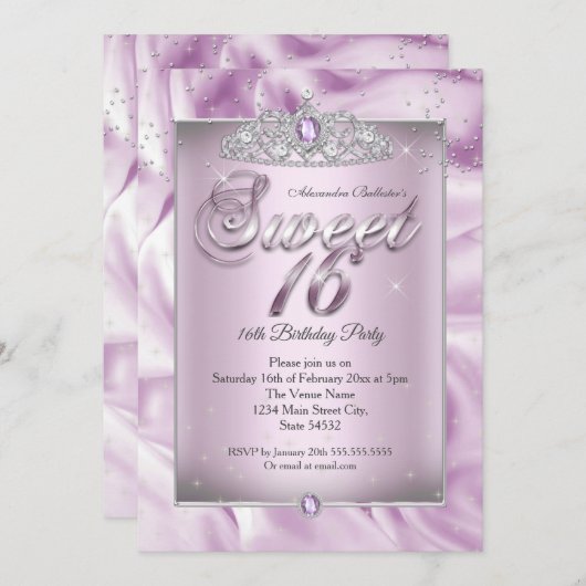 スウィート16誕生日パーティー薄紫パープルダイヤモンドティアラ 招待状 (正面/裏面)