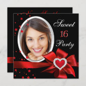 スウィート16誕生日パーティー赤いハートフォトシルバー 招待状 (正面/裏面)