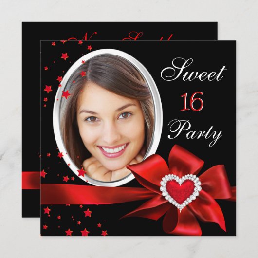 スウィート16誕生日パーティー赤いハートフォトシルバー 招待状 (正面/裏面)