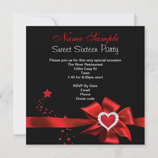 スウィート16誕生日パーティー赤いハートフォトシルバー 招待状 (裏面)