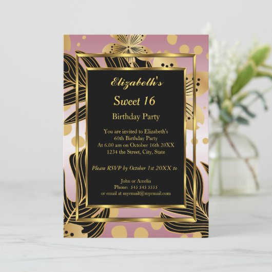 スウィート16誕生日パーティー金ゴールドピンクフローラ 招待状 (スタンド正面)