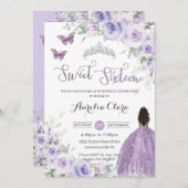 スウィート16誕生日パープルフローラブラウンプリンセス 招待状 (正面/裏面)