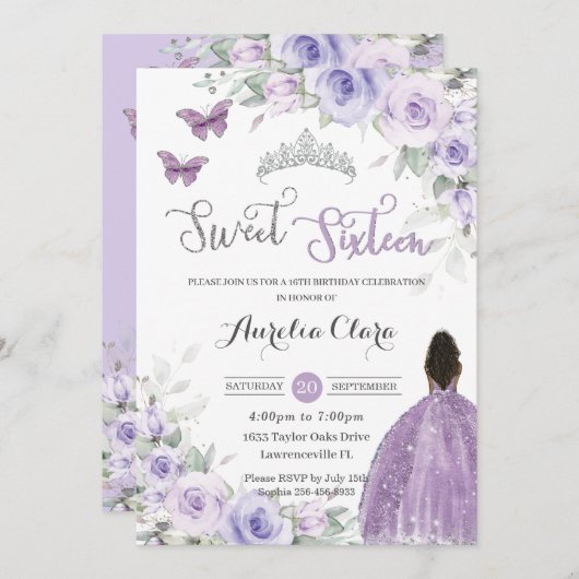 スウィート16誕生日パープルフローラブラウンプリンセス 招待状 (正面/裏面)