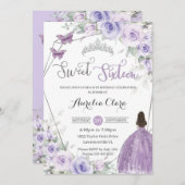 スウィート16誕生日パープルフローラプリンセスシルバー 招待状 (正面/裏面)