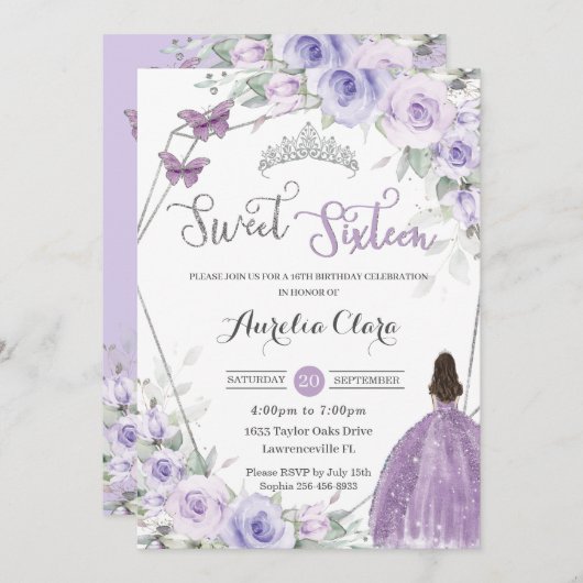 スウィート16誕生日パープルフローラプリンセスシルバー 招待状 (正面/裏面)
