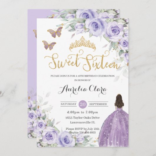 スウィート16誕生日パープルラベンダーフローラプリンセス 招待状 (正面/裏面)