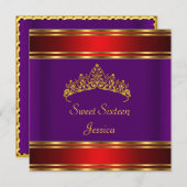 スウィート16誕生日パープルレッド金ゴールドティアラ 招待状 (正面/裏面)