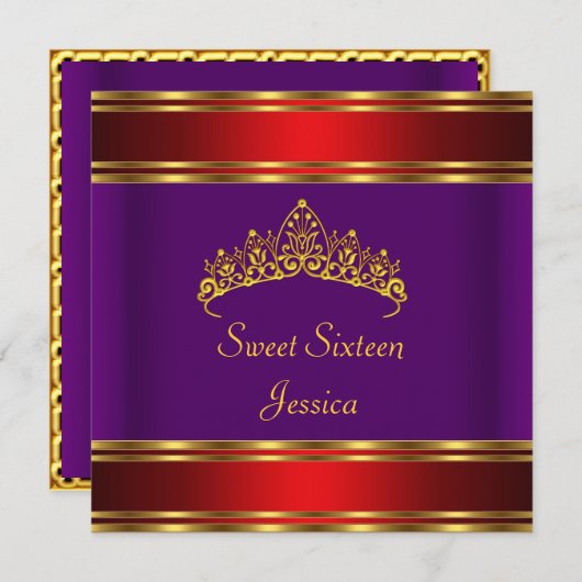 スウィート16誕生日パープルレッド金ゴールドティアラ 招待状 (正面/裏面)