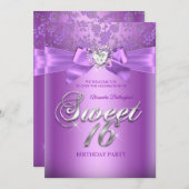 スウィート16誕生日パープル薄紫ダイヤモンドハート 招待状 (正面/裏面)