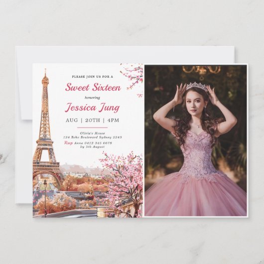 スウィート16誕生日ピンクフローラパリエッフェル写真 招待状 (正面)