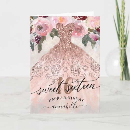 スウィート16誕生日フローラバラ金ゴールドガウン カード (正面)