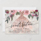 スウィート16誕生日フローラバラ金ゴールドガウン 招待状 (正面)