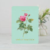 スウィート16誕生日フローラミントグリーンと金ゴールド 箔招待状 (立ち正面)