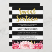 スウィート16誕生日フローラ金ゴールドストライプ白黒 招待状 (正面/裏面)