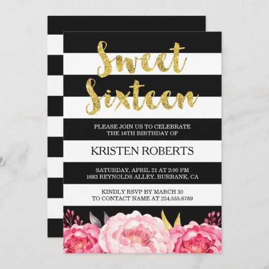 スウィート16誕生日フローラ金ゴールドストライプ白黒 招待状 (正面/裏面)