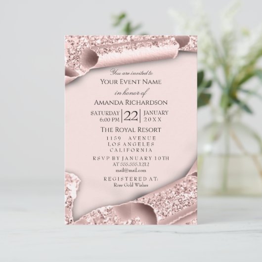 スウィート16誕生日ブライダルシャワー3Dピンクローズ 招待状 (スタンド正面)