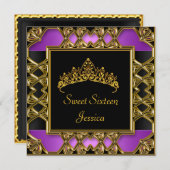 スウィート16誕生日ブラックパープル金ゴールドティアラ 招待状 (正面/裏面)