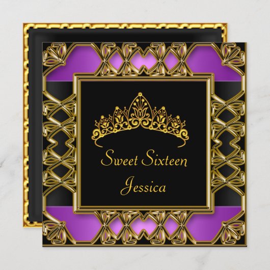 スウィート16誕生日ブラックパープル金ゴールドティアラ 招待状 (正面/裏面)