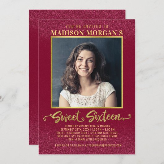 スウィート16誕生日ブルゴーニュ赤金ゴールドグリッター写真 招待状 (正面/裏面)