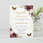 スウィート16誕生日ブルゴーニュ赤面フローラ蝶 招待状 (スタンド正面)