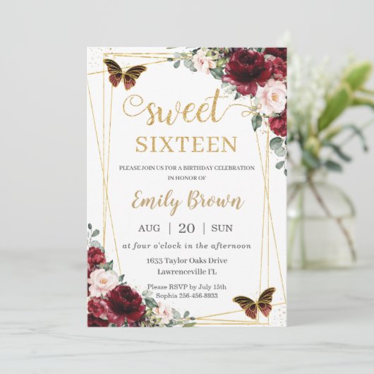 スウィート16誕生日ブルゴーニュ赤面フローラ蝶 招待状 (スタンド正面)