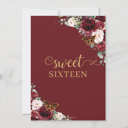 スウィート16誕生日ブルゴーニュ赤面フローラ蝶 招待状 (裏面)