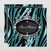 スウィート16誕生日ブルーゼブラブラックストライプ 招待状 (正面/裏面)