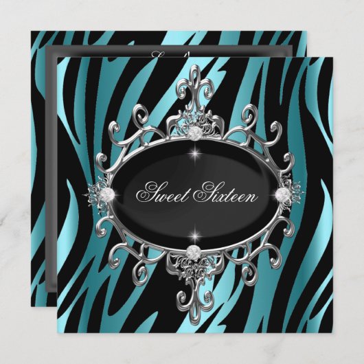 スウィート16誕生日ブルーゼブラブラックストライプ 招待状 (正面/裏面)