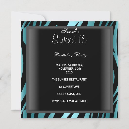 スウィート16誕生日ブルーゼブラブラックストライプ 招待状 (裏面)