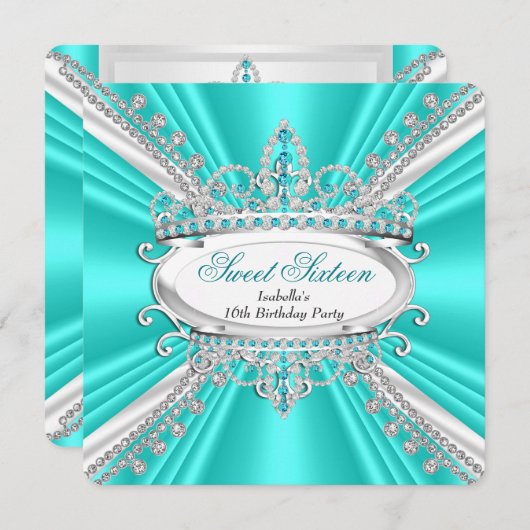スウィート16誕生日プリンセスティール（緑がかった色）ダイアモンティアラ2 招待状 (正面/裏面)