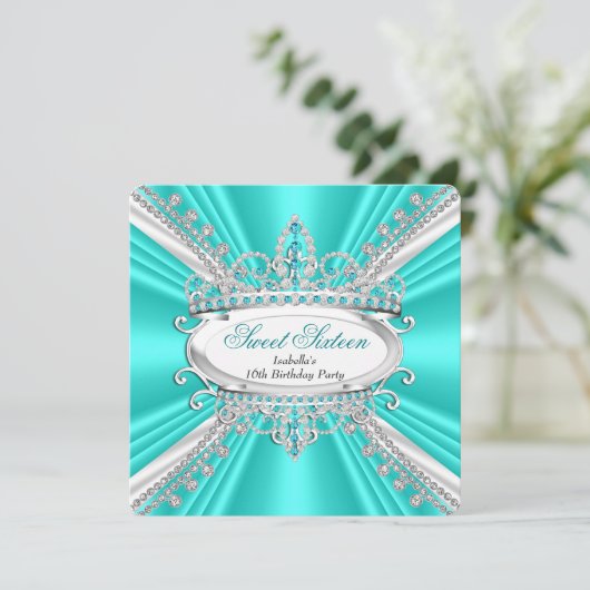 スウィート16誕生日プリンセスティール（緑がかった色）ダイアモンティアラ2 招待状 (スタンド正面)