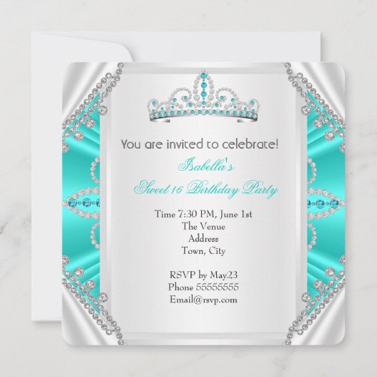 スウィート16誕生日プリンセスティール（緑がかった色）ダイアモンティアラ 招待状 (裏面)