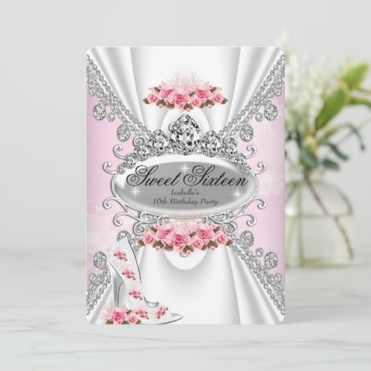 スウィート16誕生日プリンセスピンクティアラバラヒール2 招待状 (スタンド正面)