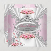 スウィート16誕生日プリンセスピンクティアラバラヒール 招待状 (正面/裏面)