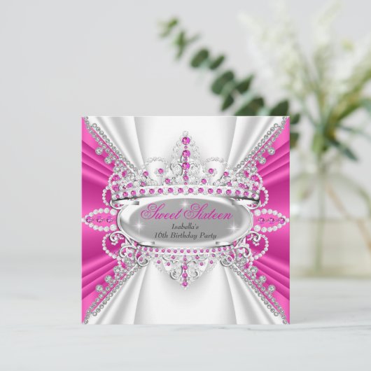 スウィート16誕生日プリンセスホットピンクダイヤモンドティアラ 招待状 (スタンド正面)