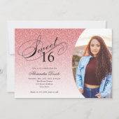スウィート16誕生日ベビーピンクグリッターグラムフォト 招待状 (正面)