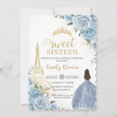スウィート16誕生日ベビーブルーフローラパリ金ゴールド 招待状 (正面)