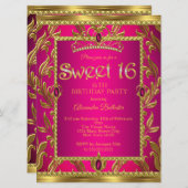 スウィート16誕生日ホットピンクジュエルティアラ金ゴールド 招待状 (正面/裏面)