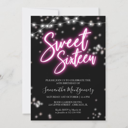 スウィート16誕生日ホットピンクネオンをテーマにしたパーティー 招待状 (正面)